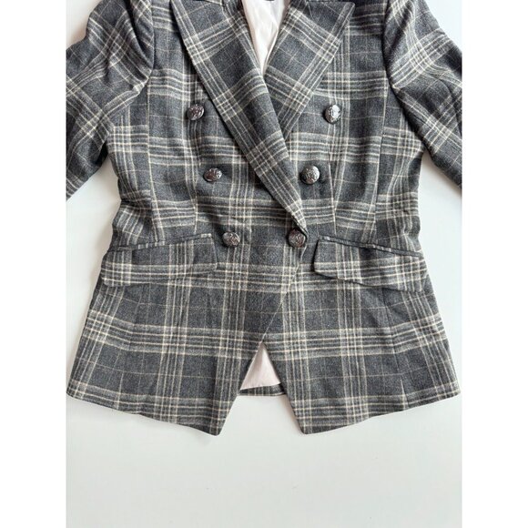 BANANA REPUBLIC Cadet Grey Check Wool Flannel Double Breasted Blazer, Size 6 - Picture 12 of 16